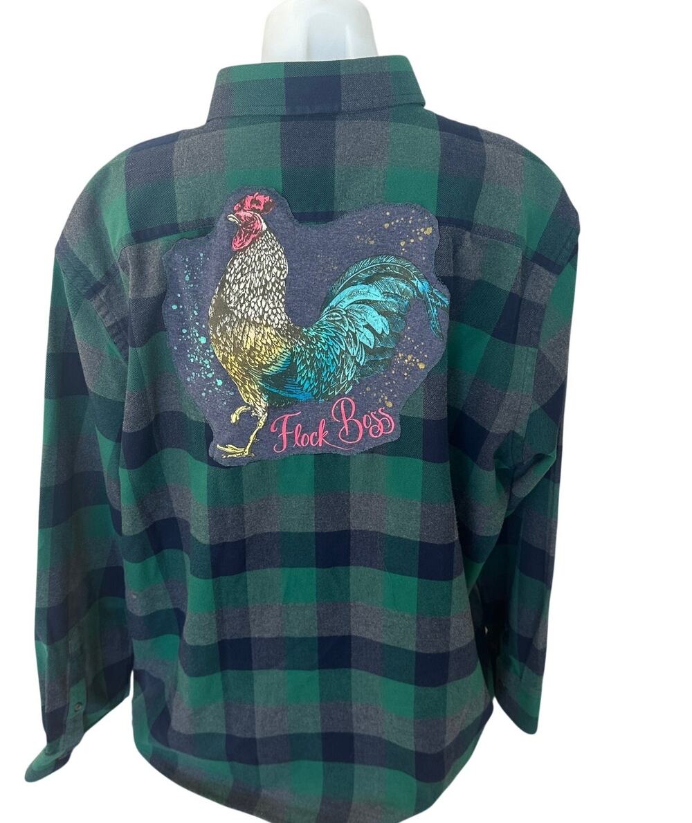 Flock Boss Plaid Flannel Shirt XXXL Oversized Upcycled Unique Chicken Lover Gift